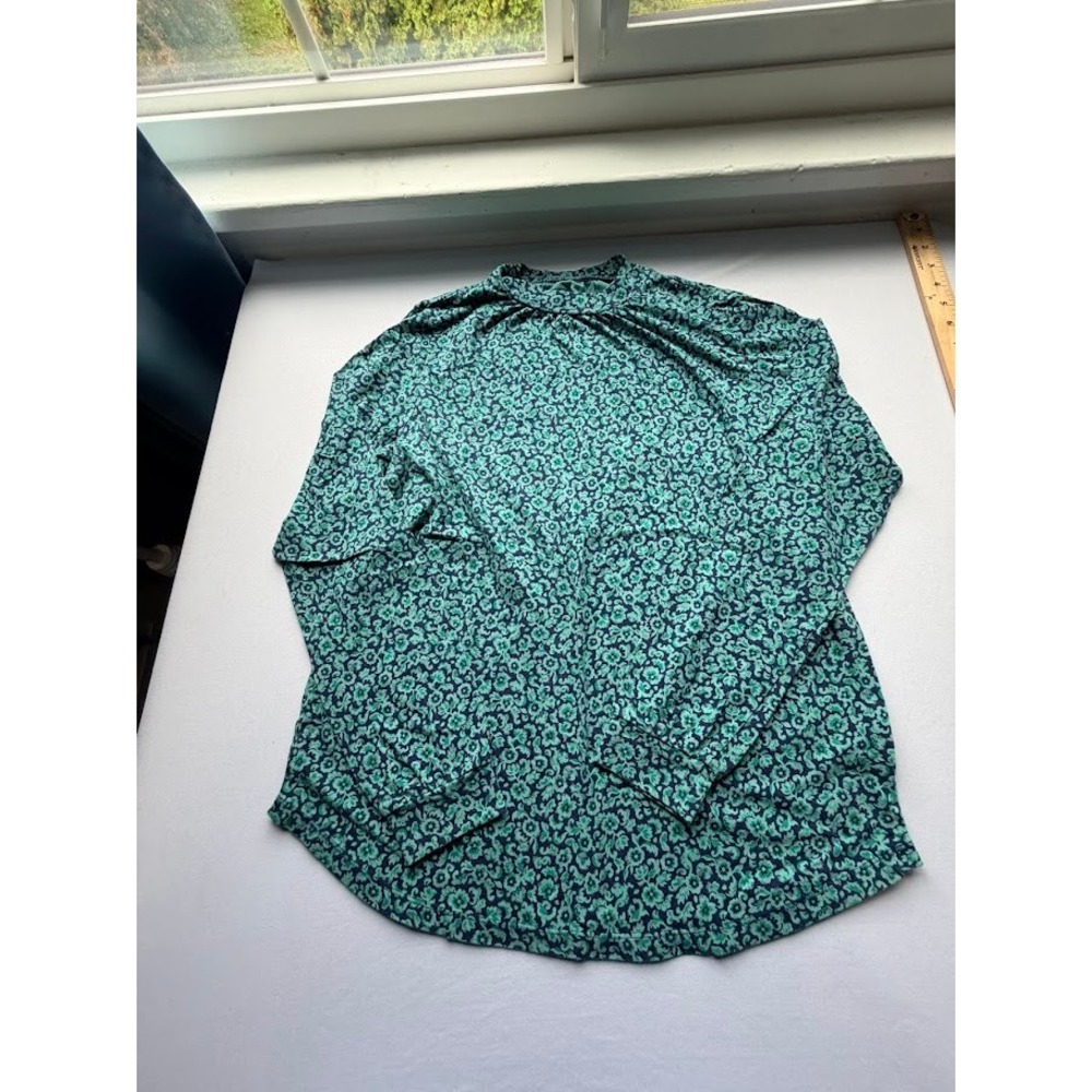 Preppy Lands End Women's Green Navy Floral Long Sleeve Top Size L 14-16